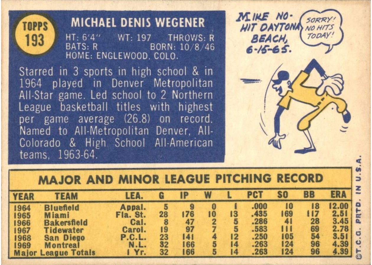 1970 Topps #193 Mike Wegener card back
