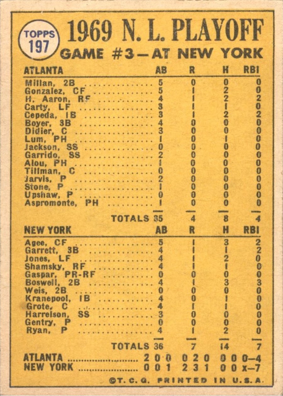 1970 Topps #197 N.L. Playoff Game 3 - Ryan Saves the Day! card back