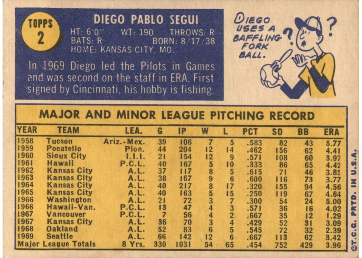 1970 Topps #2 Diego Segui card back