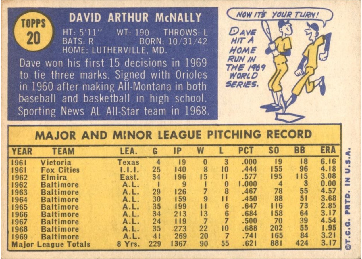 1970 Topps #20 Dave McNally card back