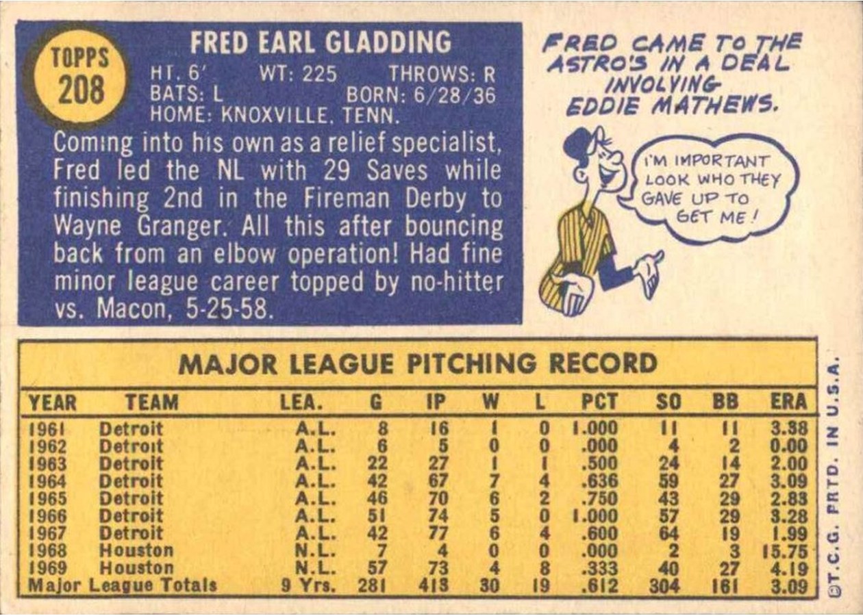 1970 Topps #208 Fred Gladding card back