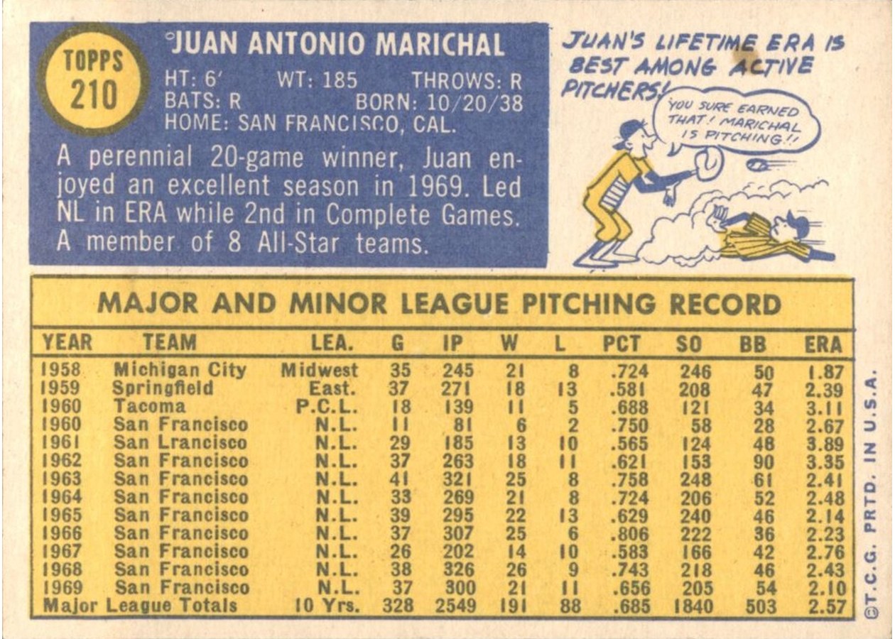 1970 Topps #210 Juan Marichal card back