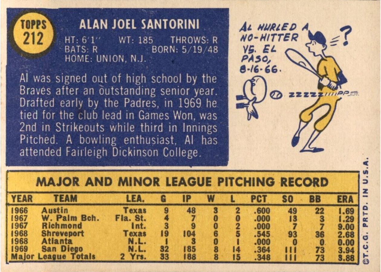 1970 Topps #212 Al Santorini card back