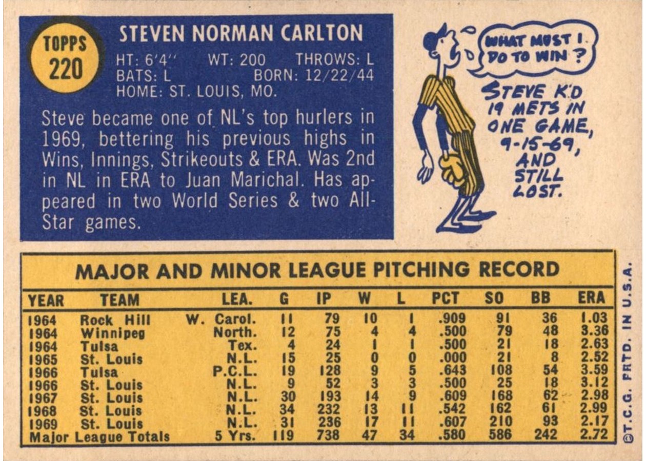 1970 Topps #220 Steve Carlton card back