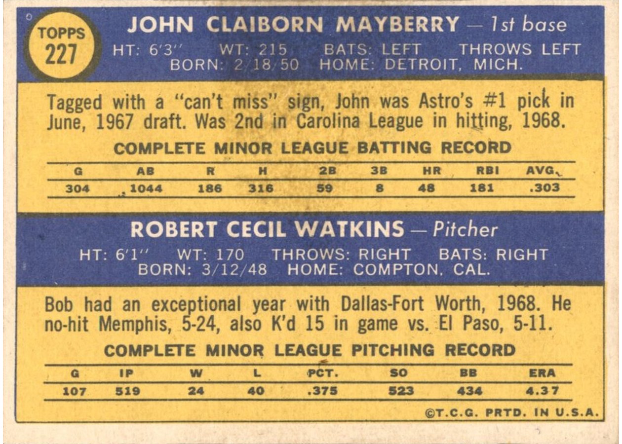 1970 Topps #227 Astros 1970 Rookie Stars card back