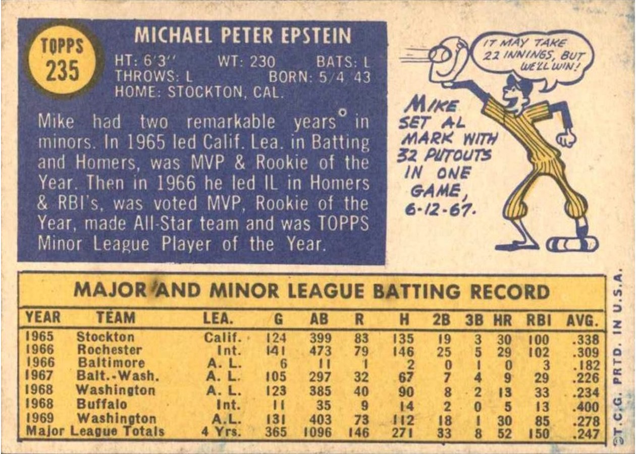 1970 Topps #235 Mike Epstein card back