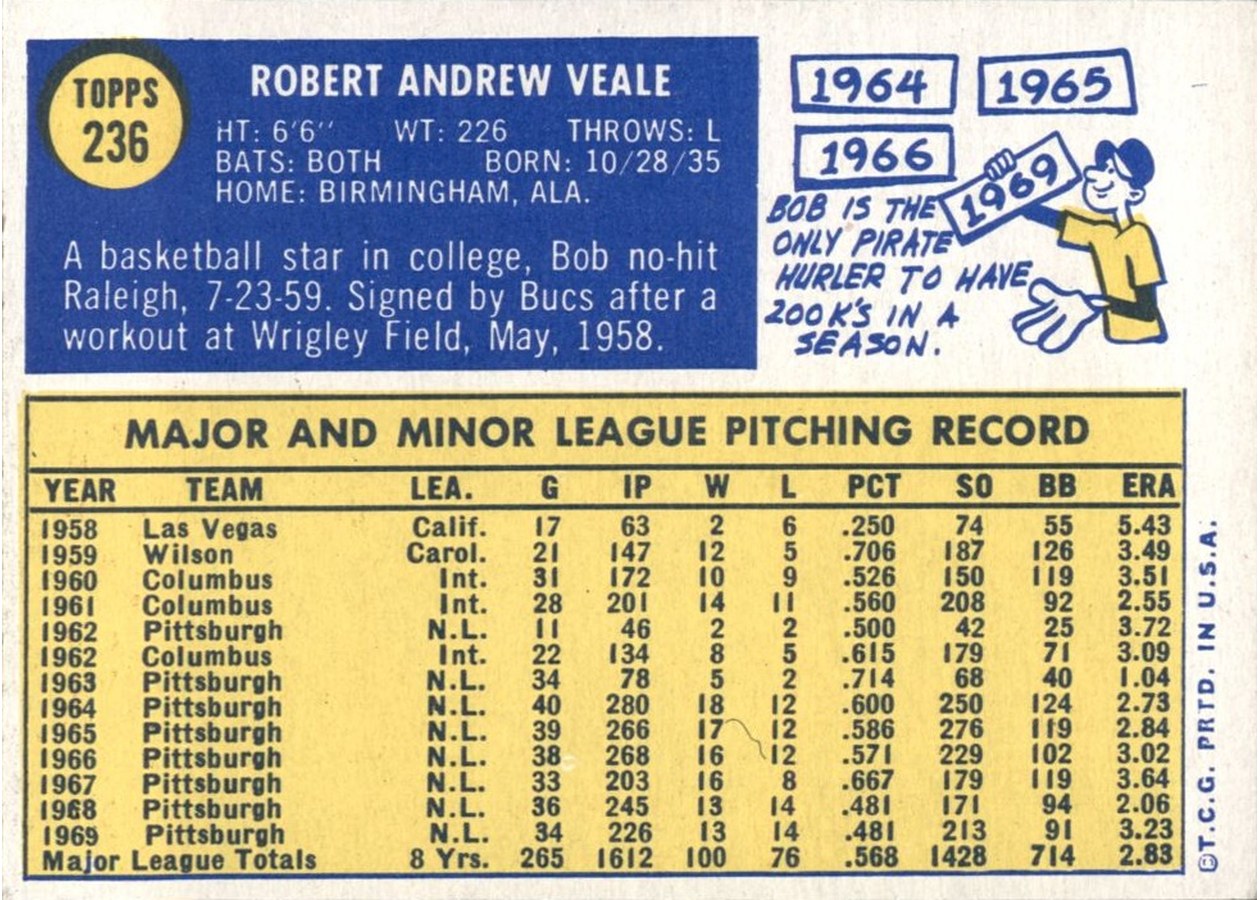 1970 Topps #236 Bob Veale card back