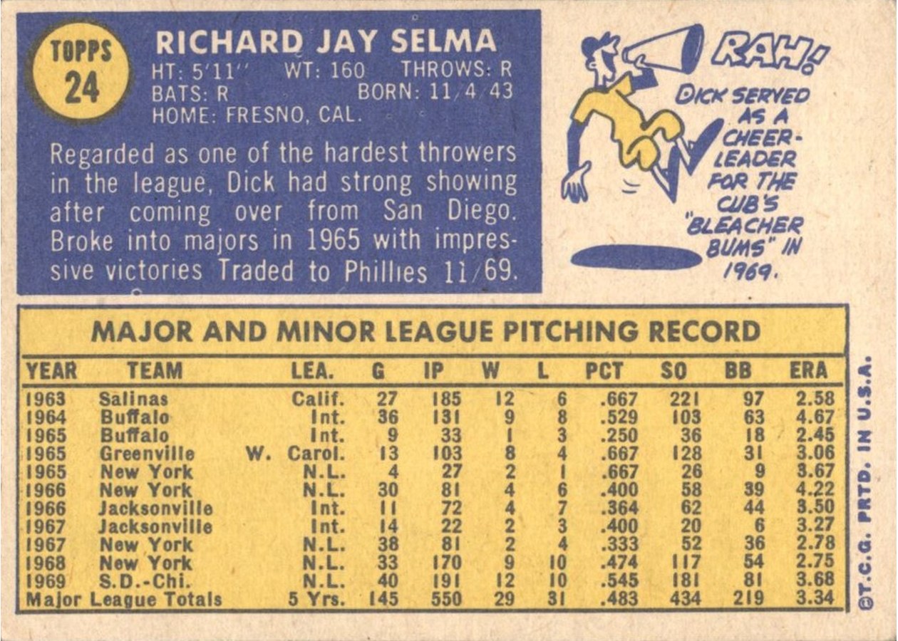 1970 Topps #24 Dick Selma card back