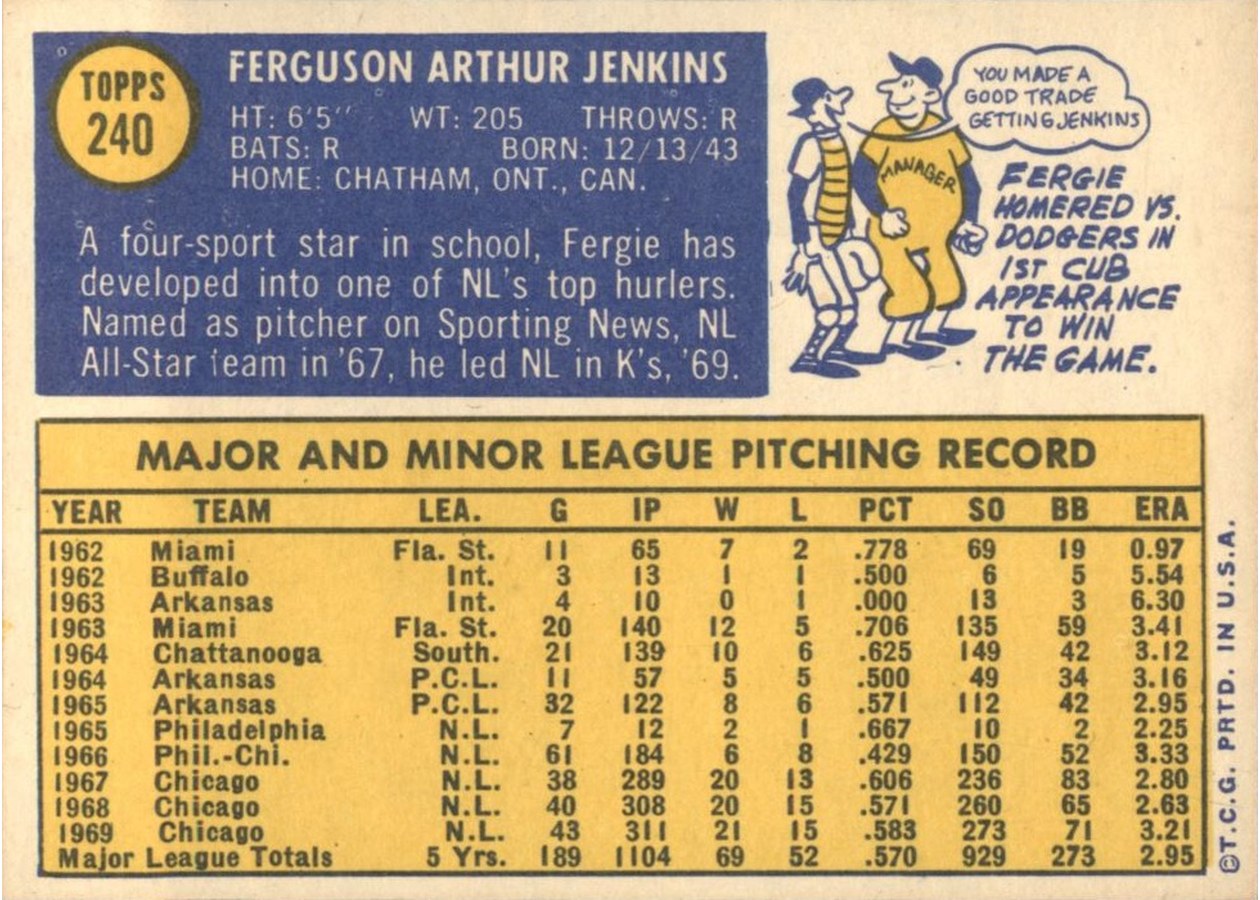 1970 Topps #240 Fergie Jenkins card back