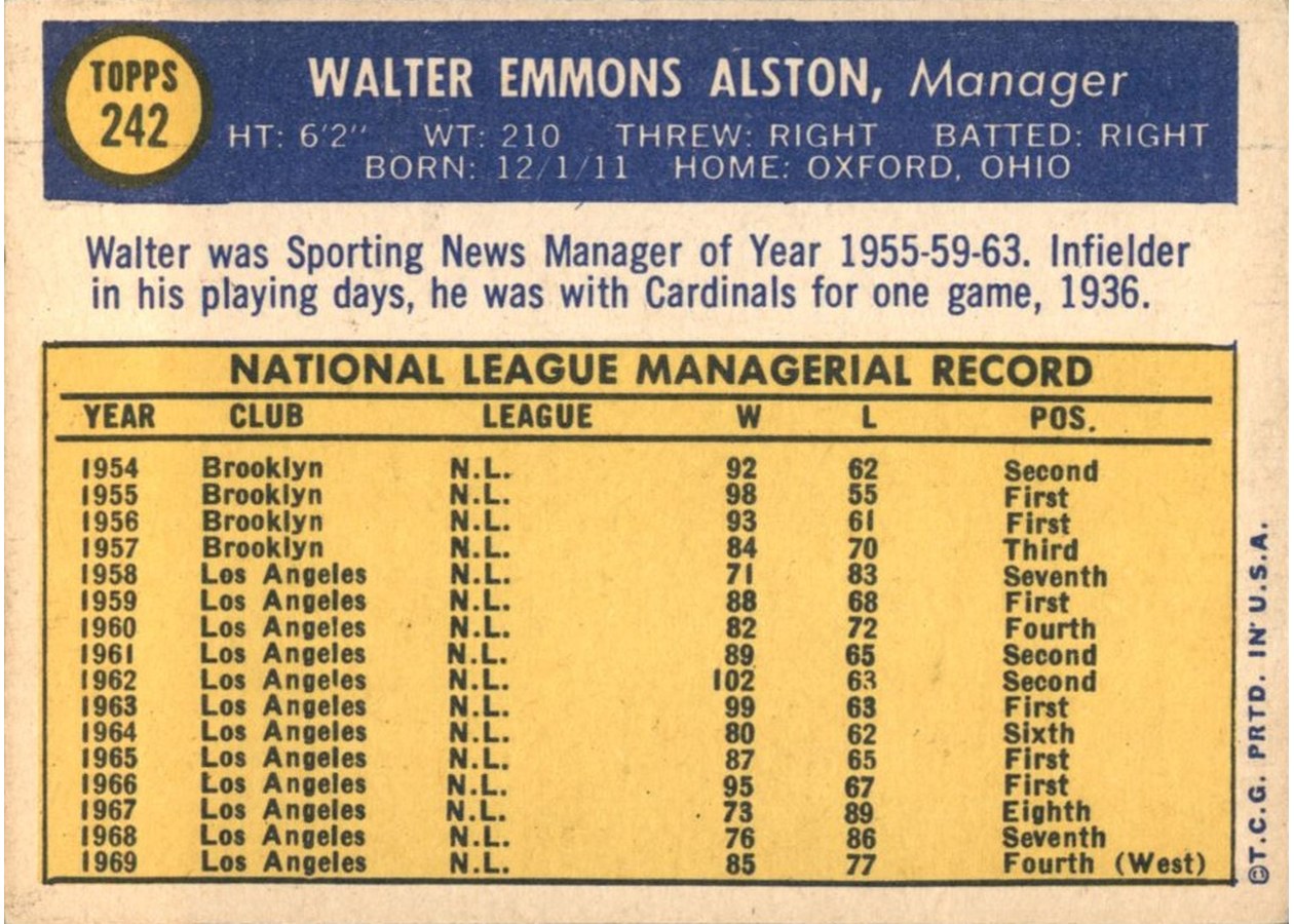 1970 Topps #242 Walter Alston card back
