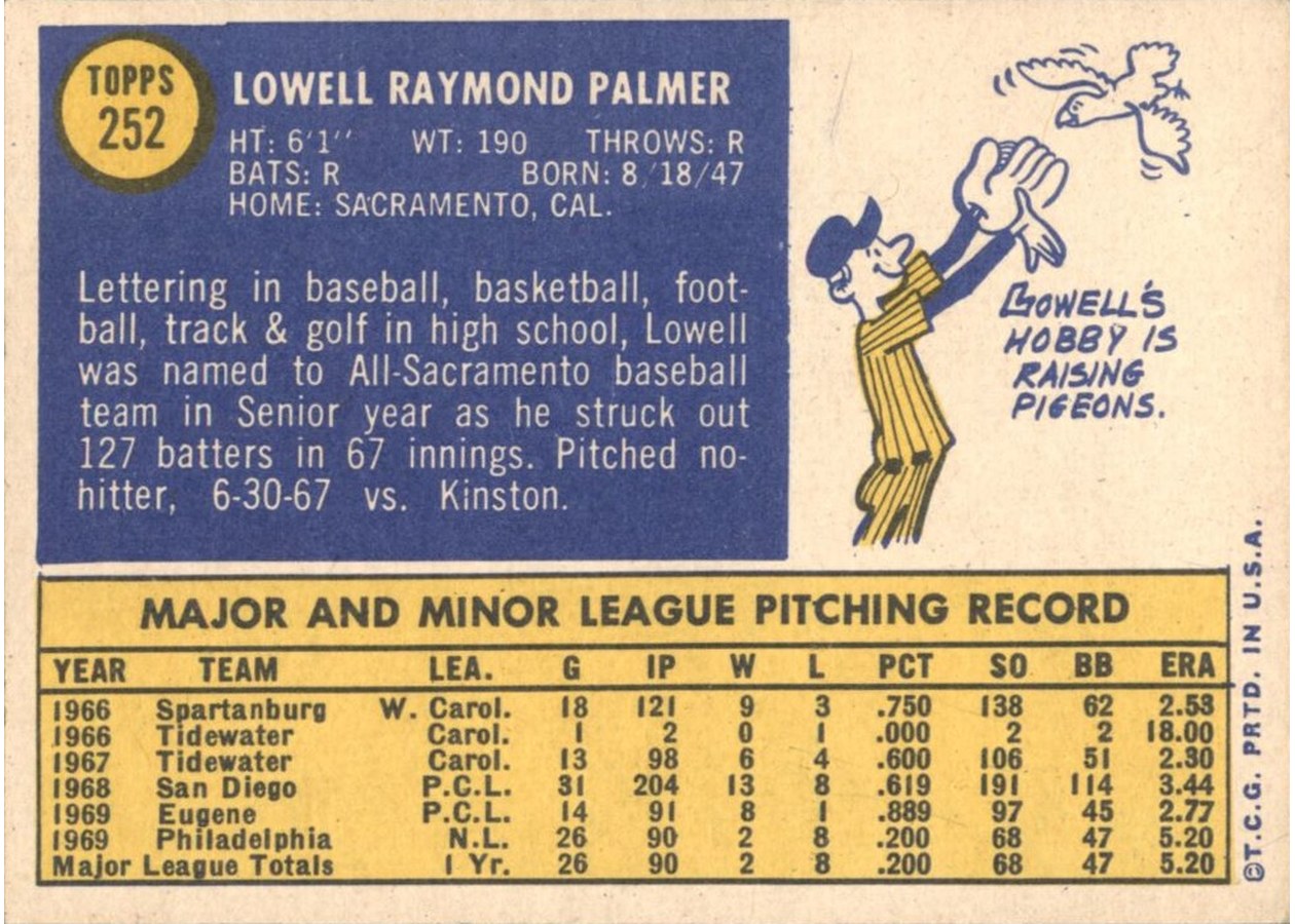 1970 Topps #252 Lowell Palmer card back