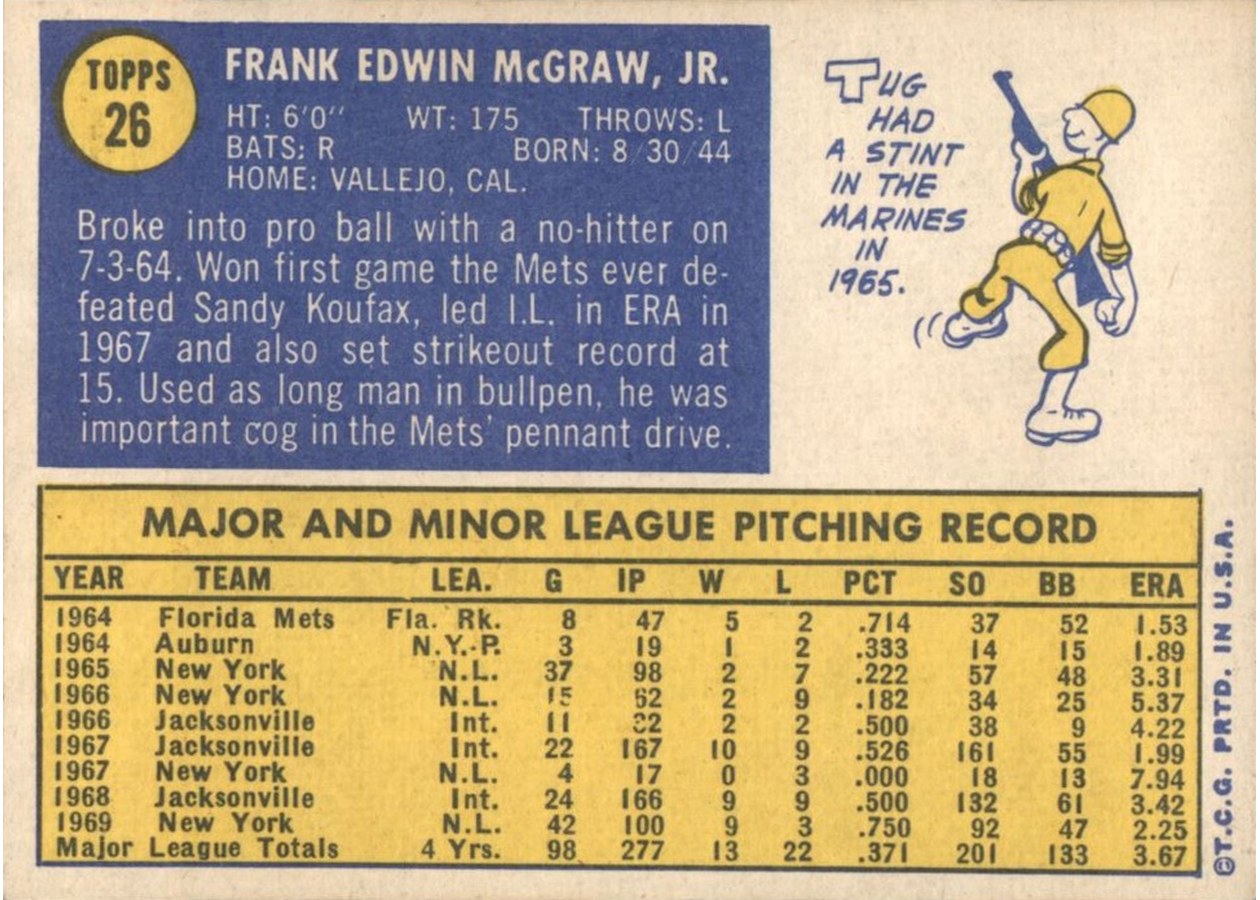 1970 Topps #26 Tug McGraw card back