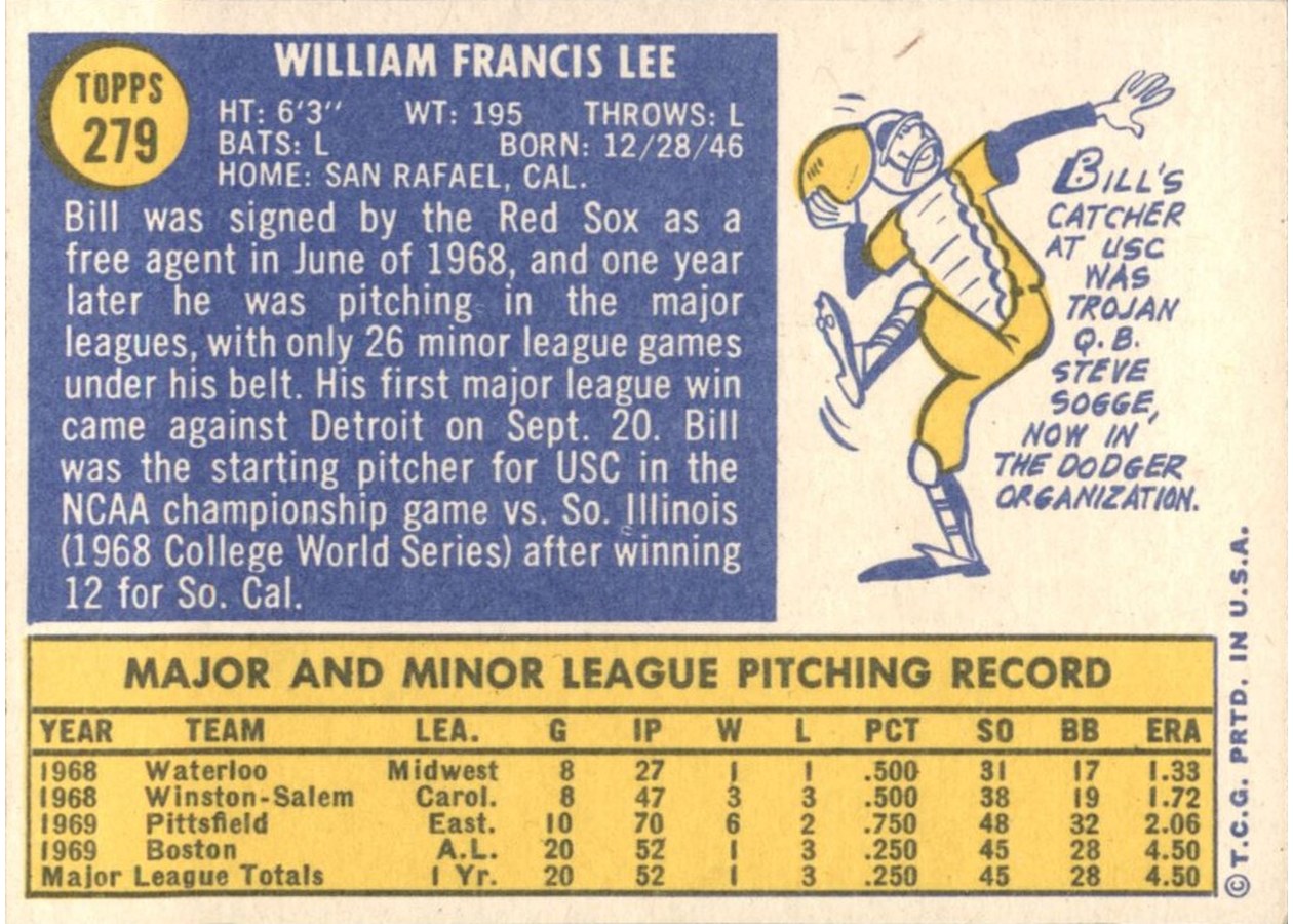 1970 Topps #279 Bill Lee card back