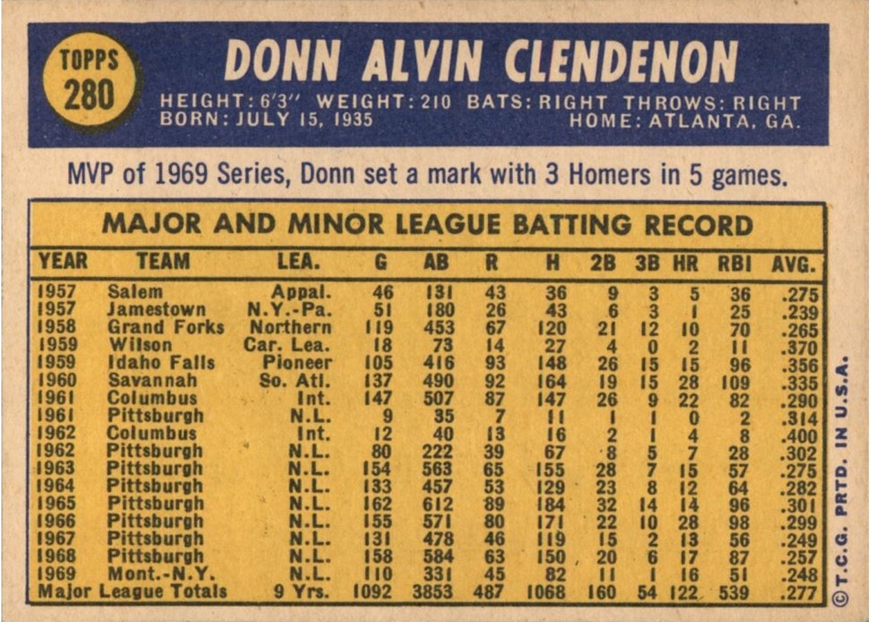 1970 Topps #280 Donn Clendenon card back