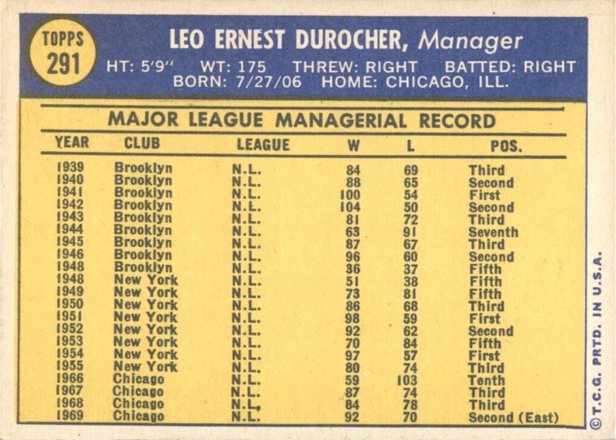 1970 Topps #291 Leo Durocher card back