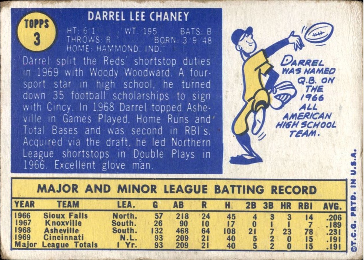 1970 Topps #3 Darrel Chaney card back