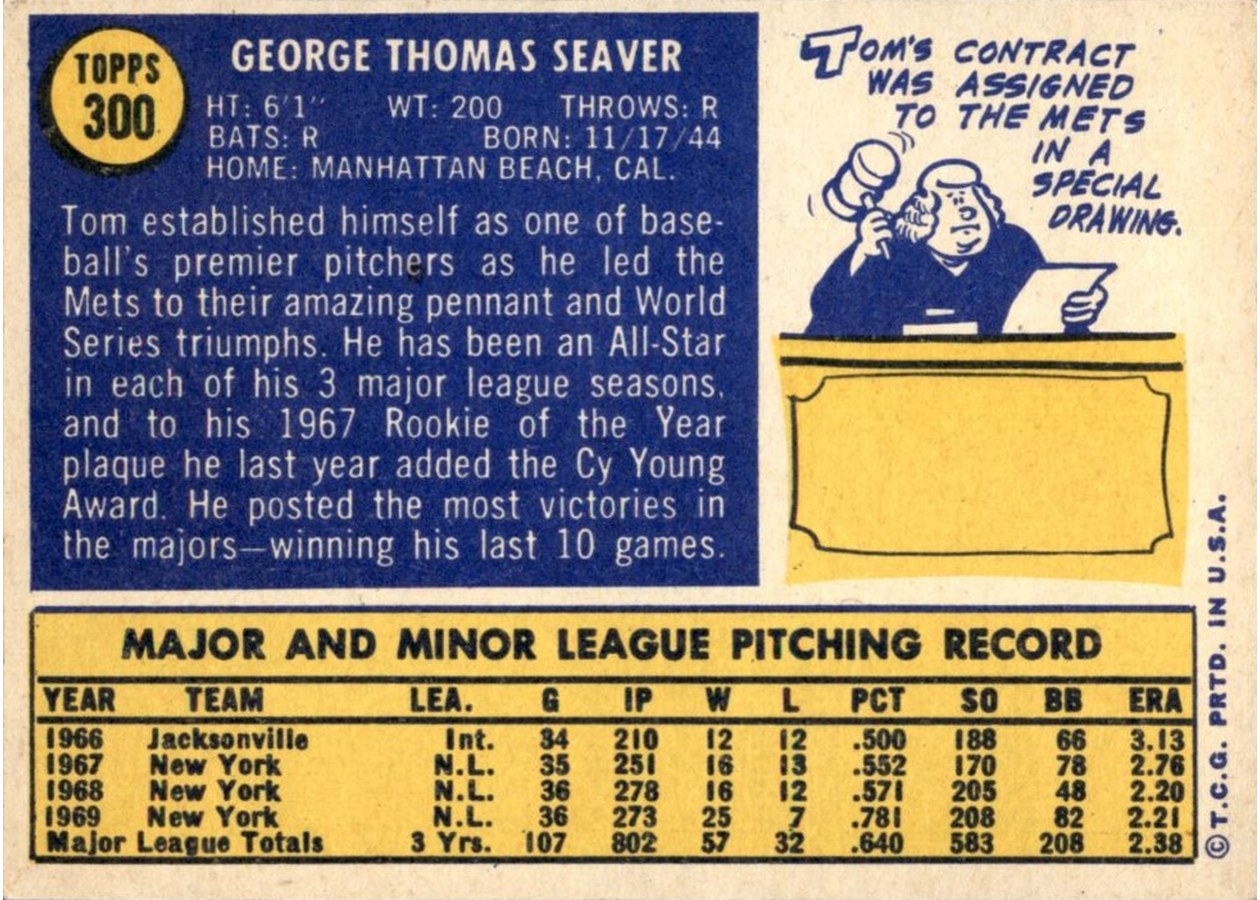 1970 Topps #300 Tom Seaver card back