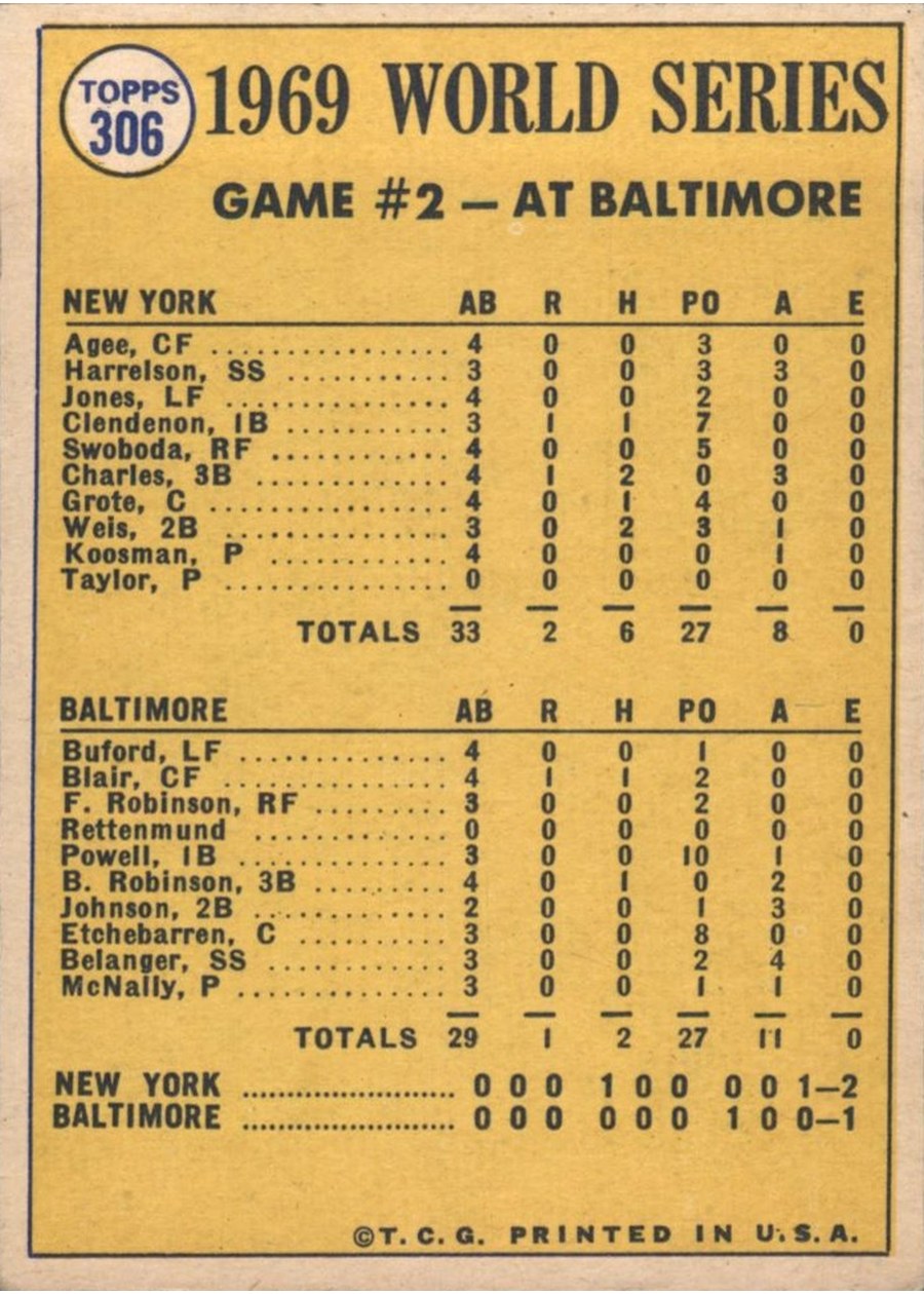 1970 Topps #306 World Series Game 2 - Clendenon's HR Breaks Ice! card back