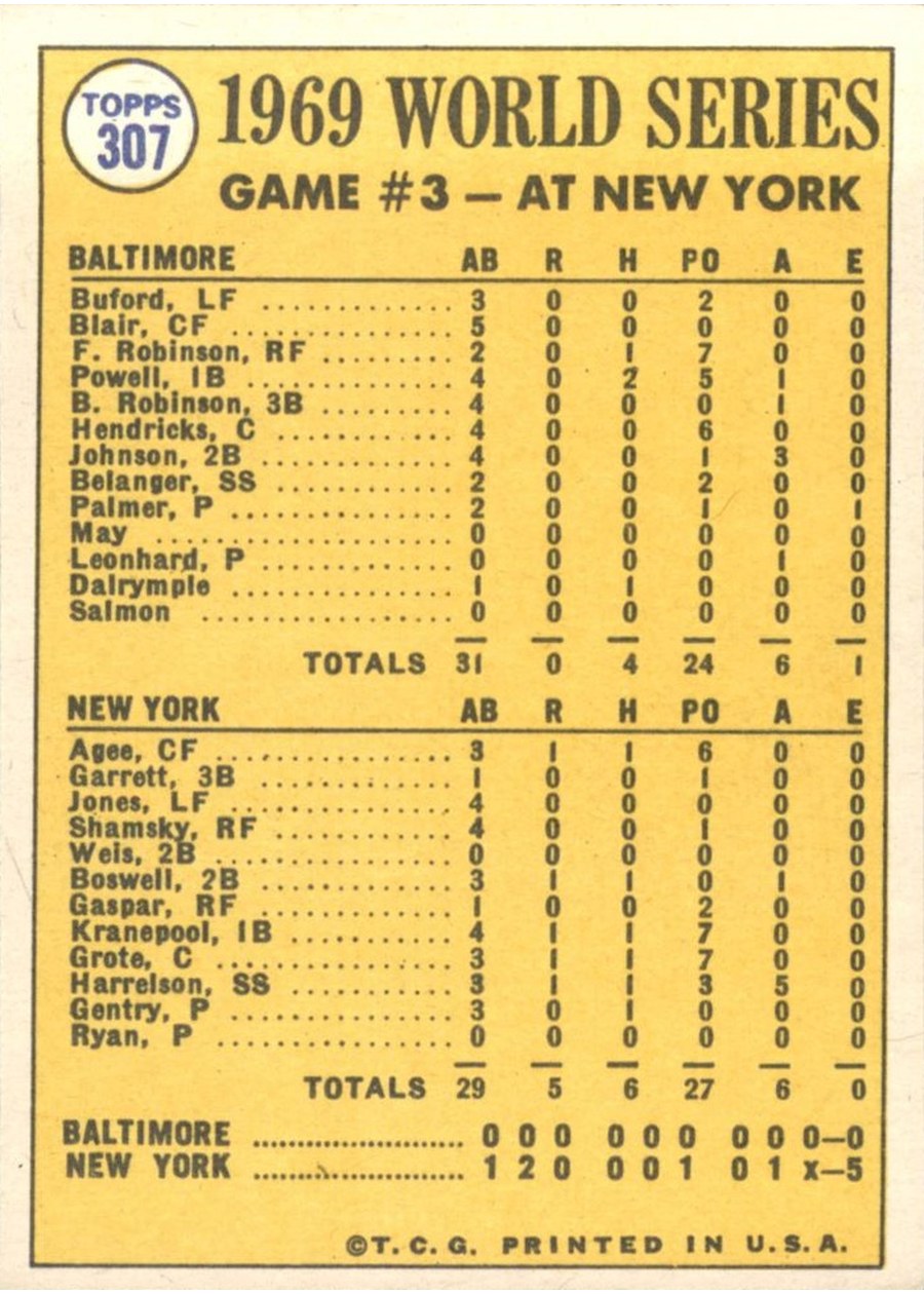 1970 Topps #307 World Series Game 3 - Agee's Catch Saves The Day! card back
