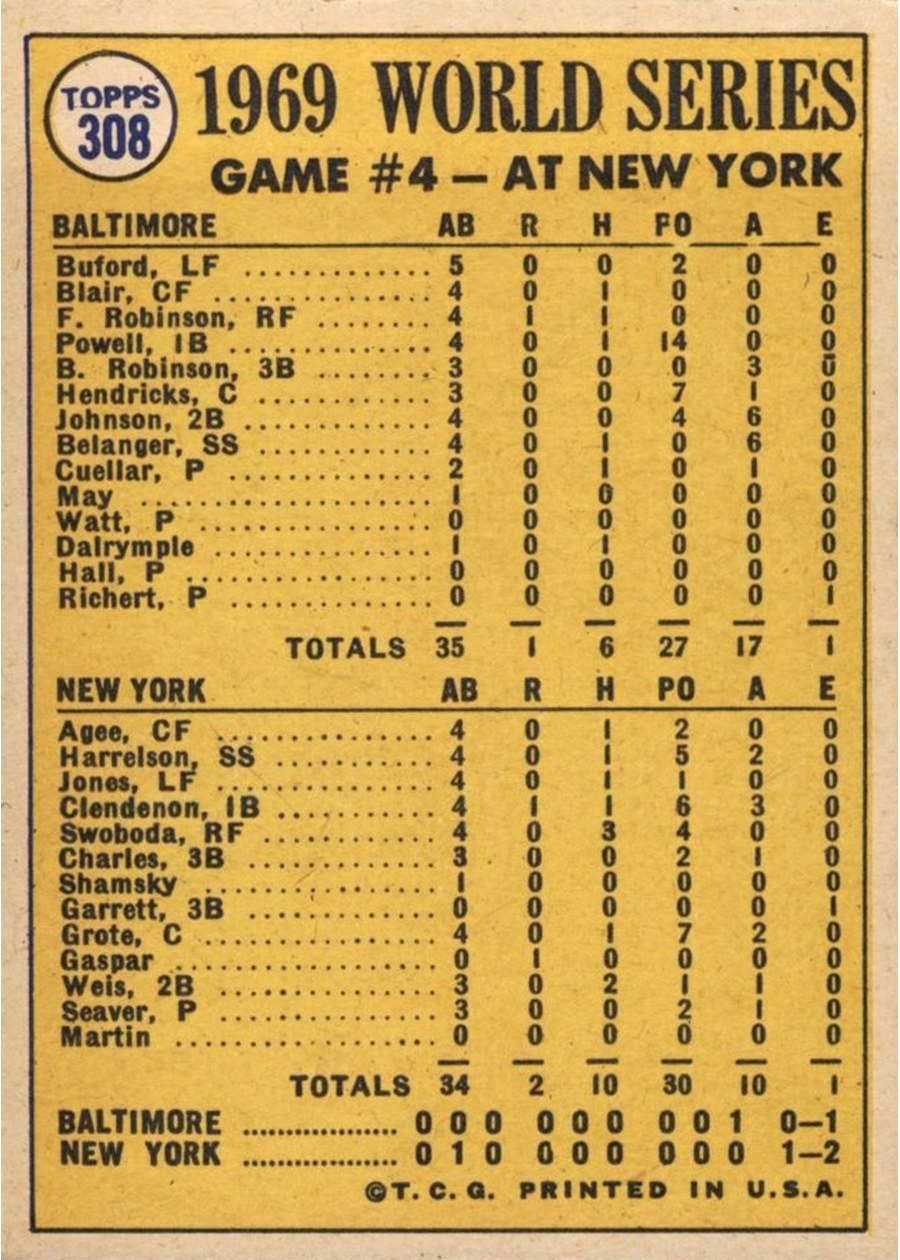 1970 Topps #308 World Series Game 4 - Martin's Bunt Ends Deadlock! card back