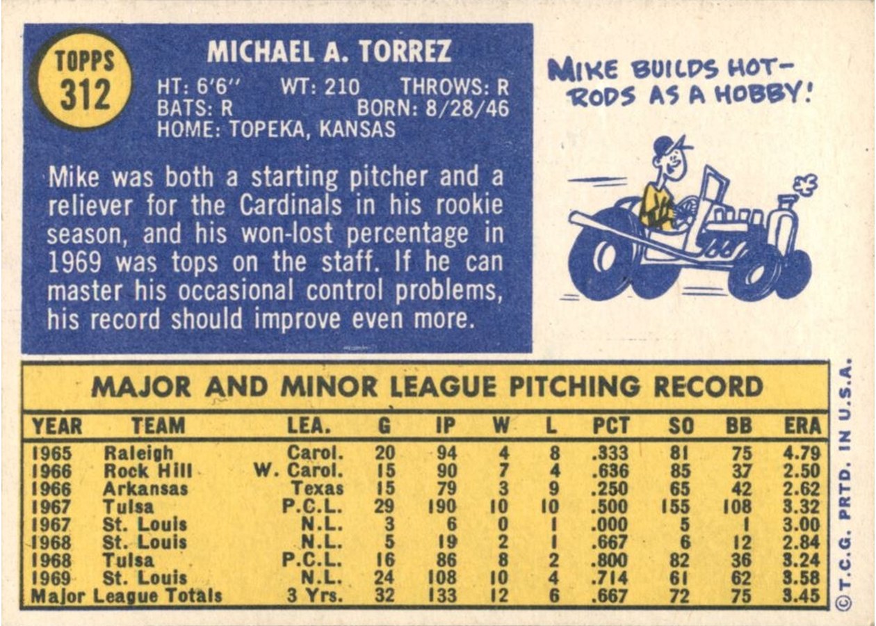 1970 Topps #312 Mike Torrez card back