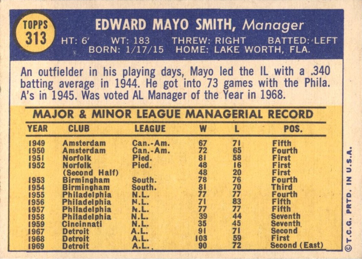 1970 Topps #313 Mayo Smith card back