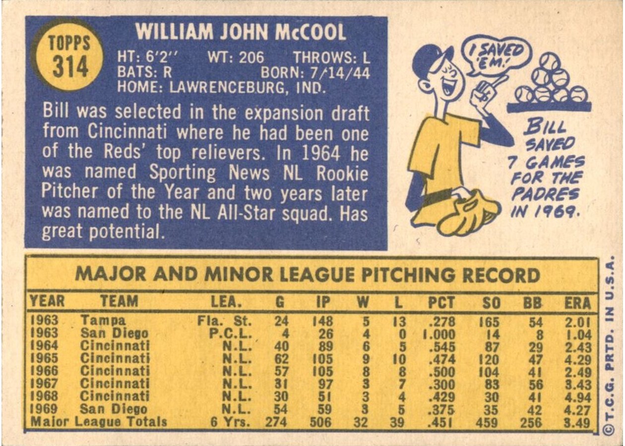 1970 Topps #314 Bill McCool card back