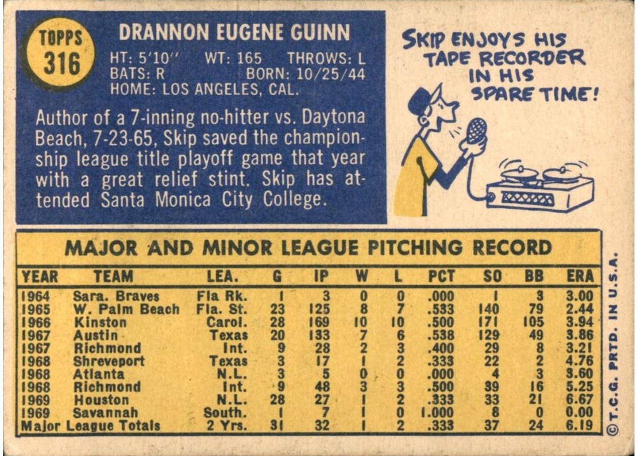 1970 Topps #316 Skip Guinn card back
