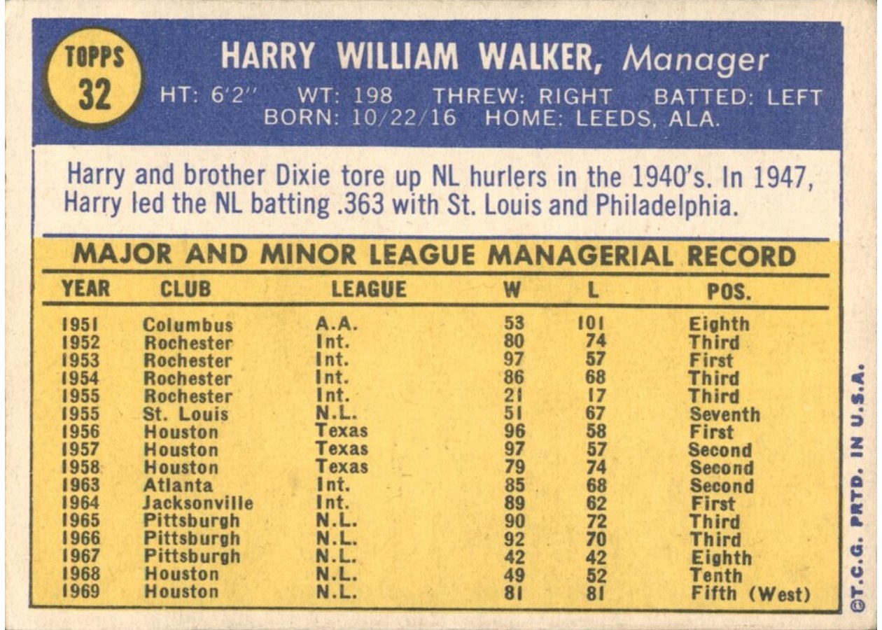 1970 Topps #32 Harry Walker card back
