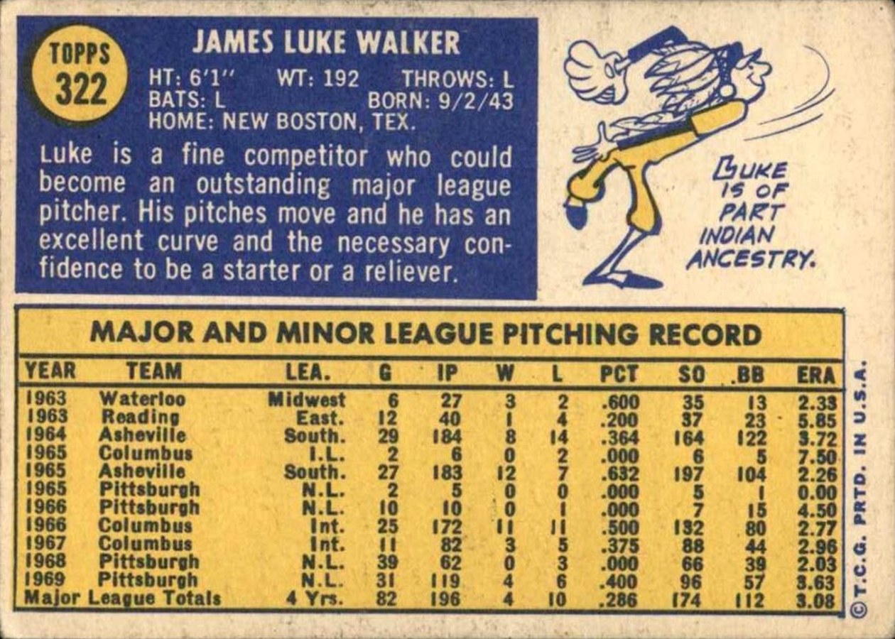 1970 Topps #322 Luke Walker card back