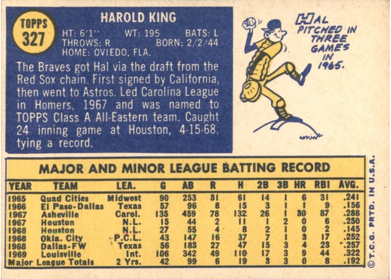 1970 Topps #327 Hal King card back
