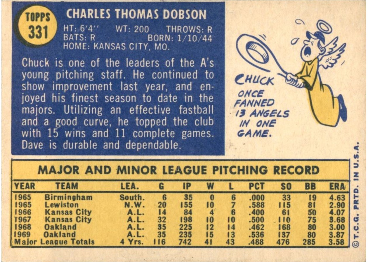 1970 Topps #331 Chuck Dobson card back