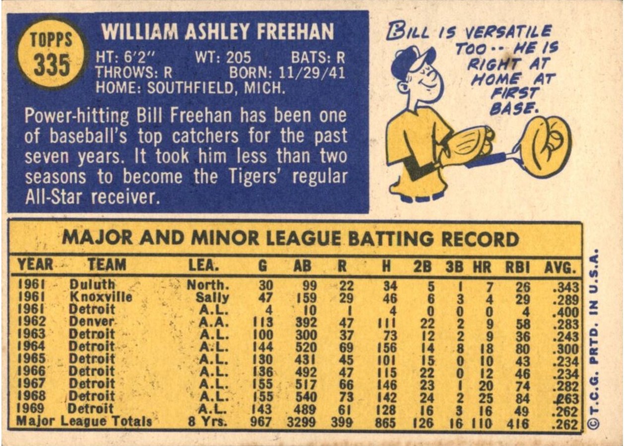 1970 Topps #335 Bill Freehan card back