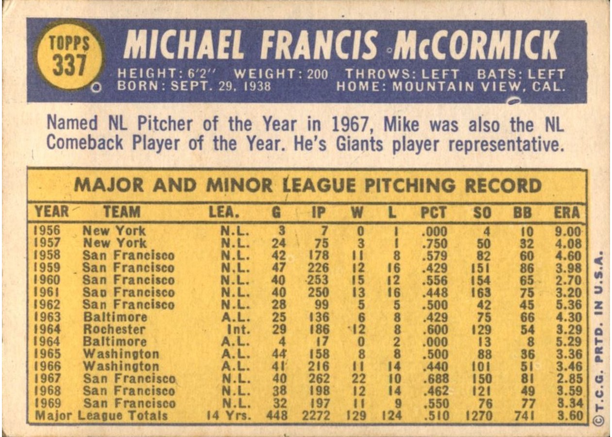 1970 Topps #337 Mike McCormick card back