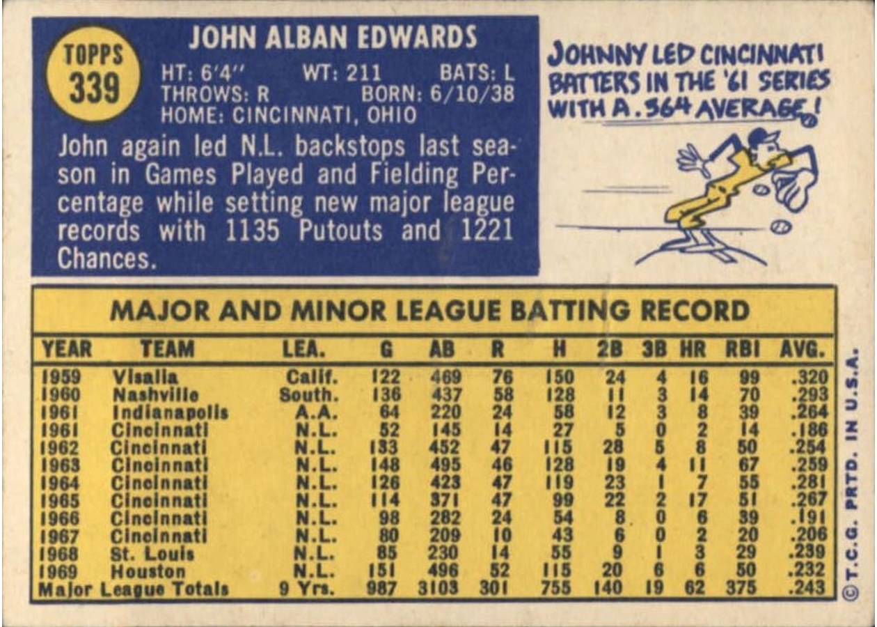 1970 Topps #339 Johnny Edwards card back