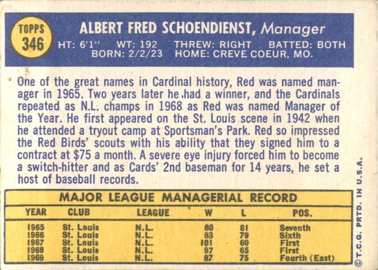 1970 Topps #346 Red Schoendienst card back