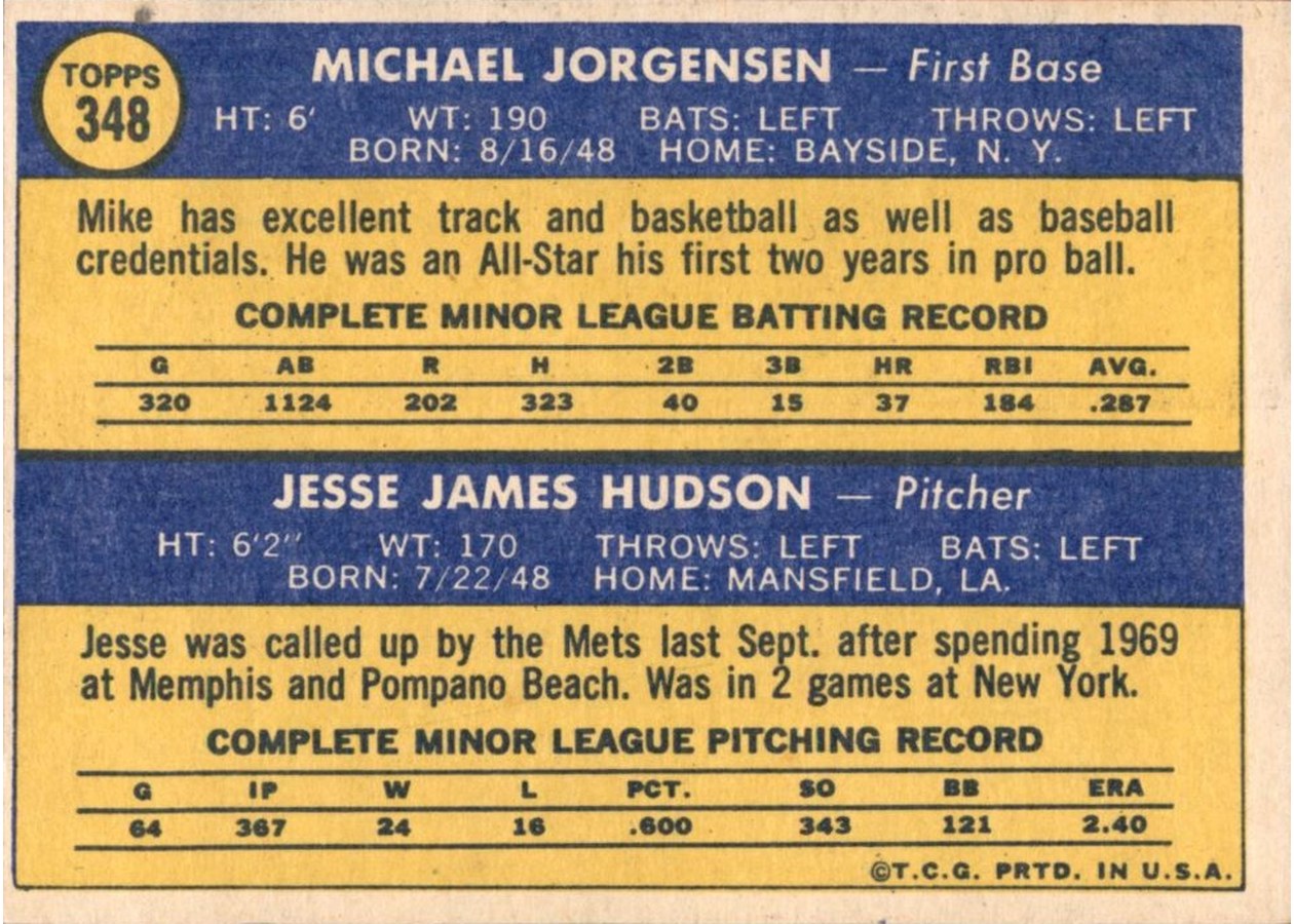1970 Topps #348 Mets 1970 Rookie Stars card back