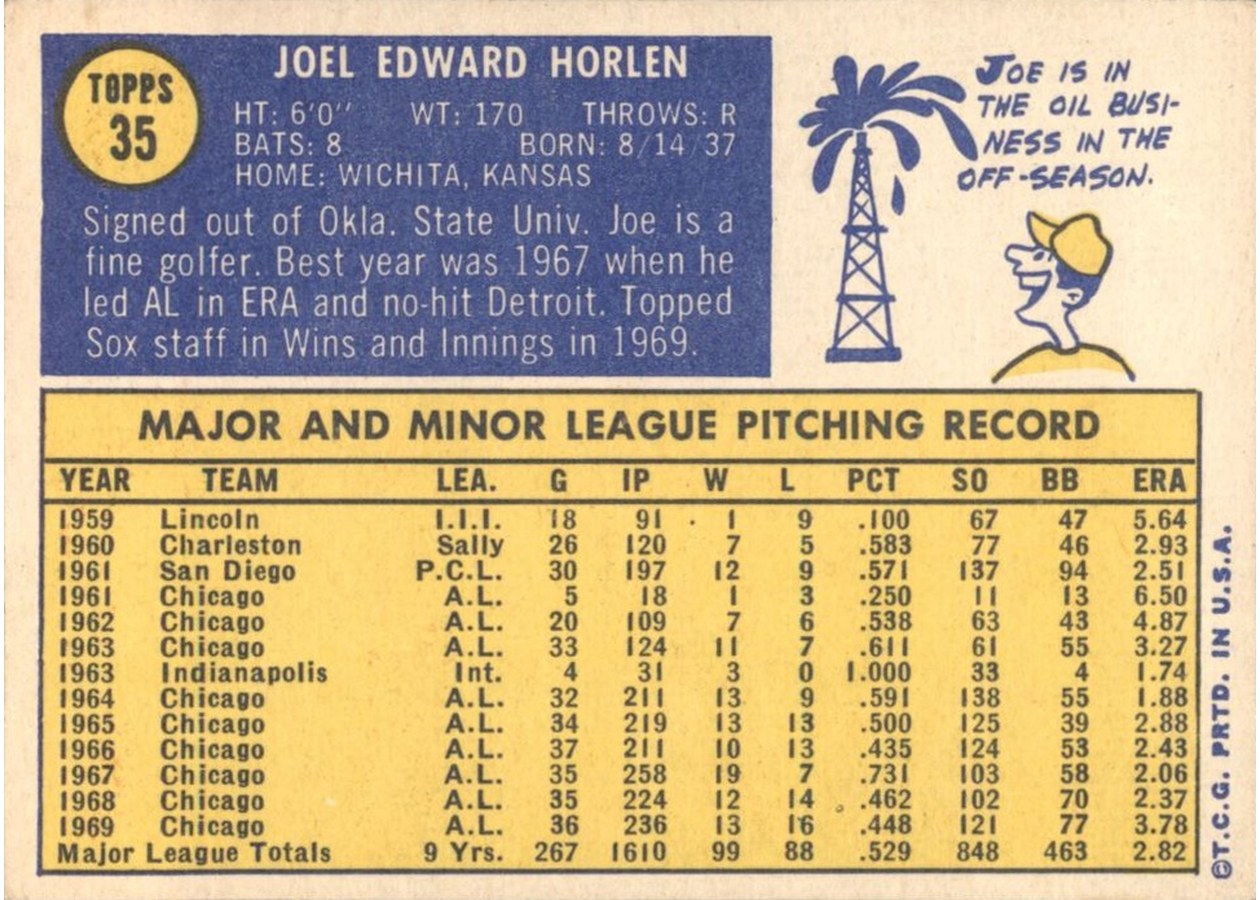 1970 Topps #35 Joe Horlen card back