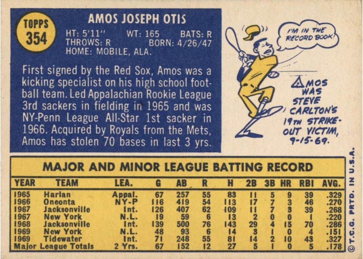 1970 Topps #354 Amos Otis card back