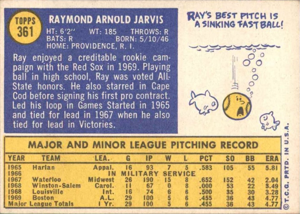 1970 Topps #361 Ray Jarvis card back