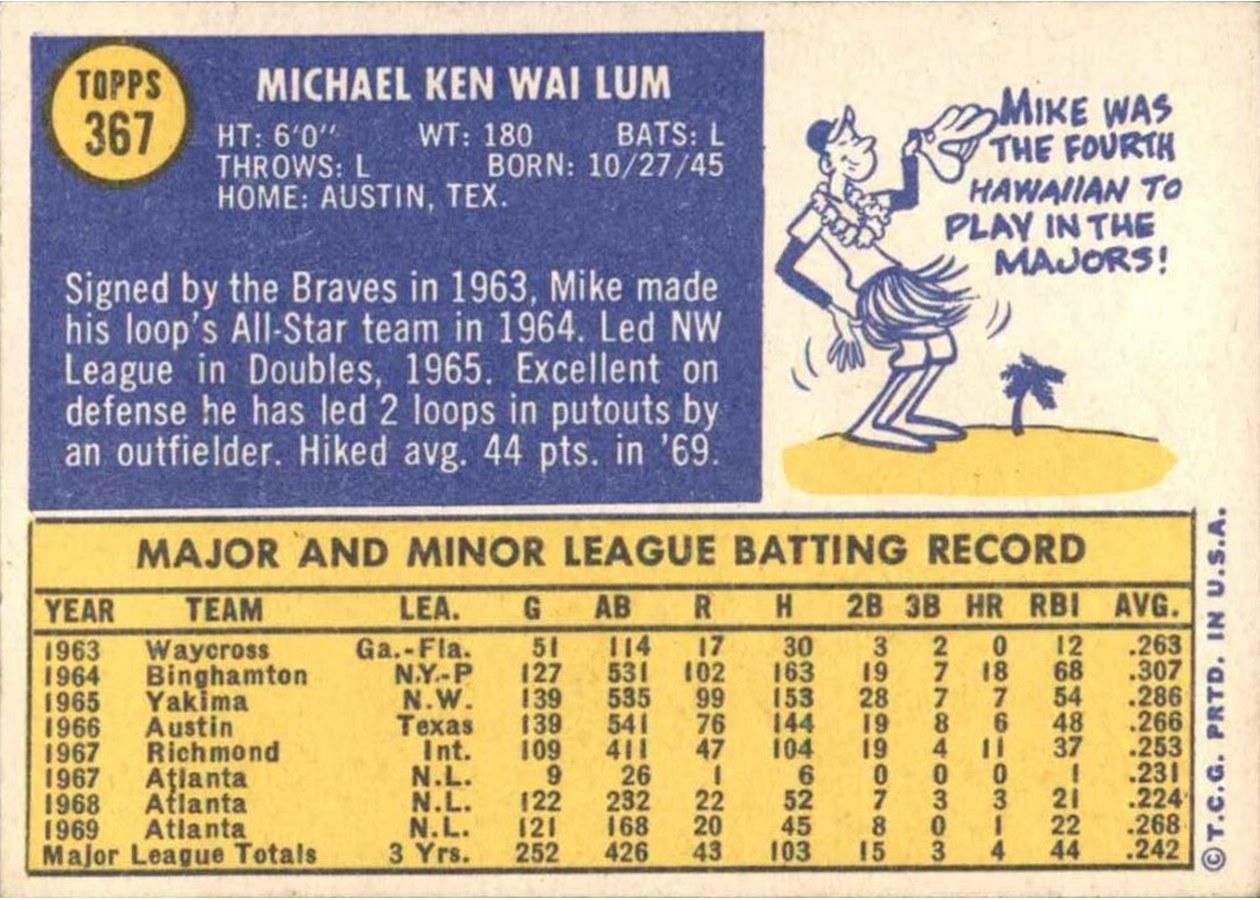 1970 Topps #367 Mike Lum card back
