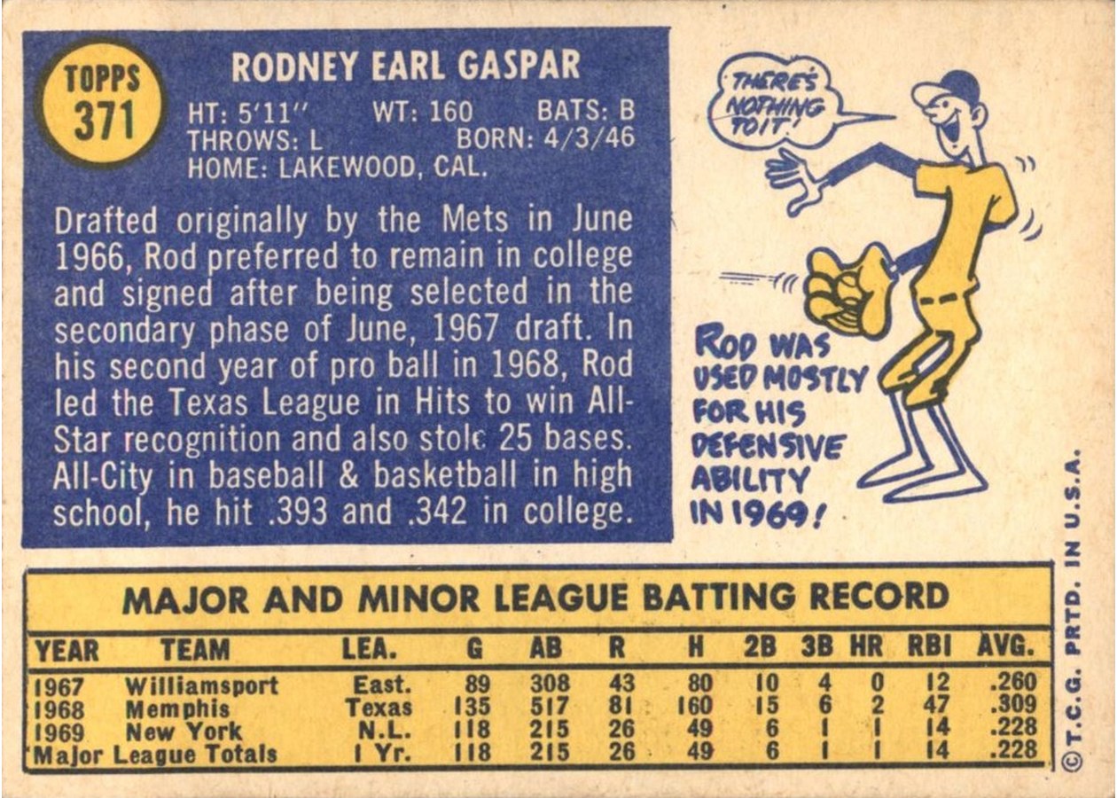1970 Topps #371 Rod Gaspar card back