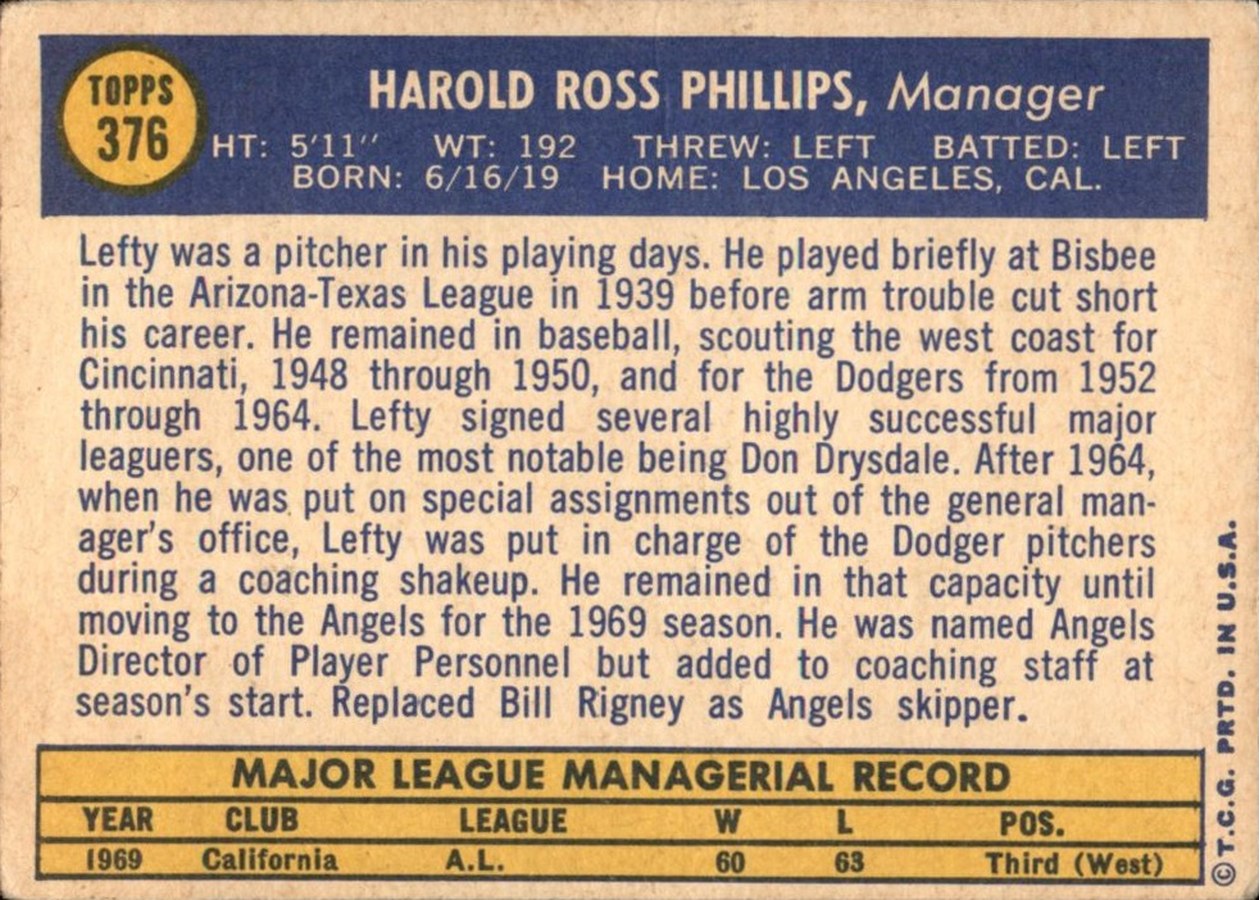 1970 Topps #376 Lefty Phillips card back