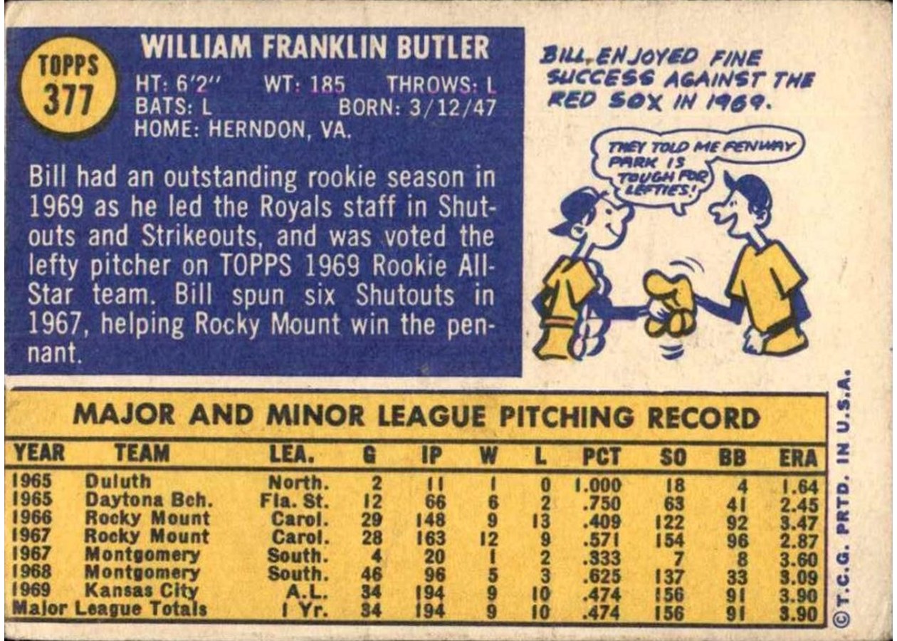 1970 Topps #377 Bill Butler card back