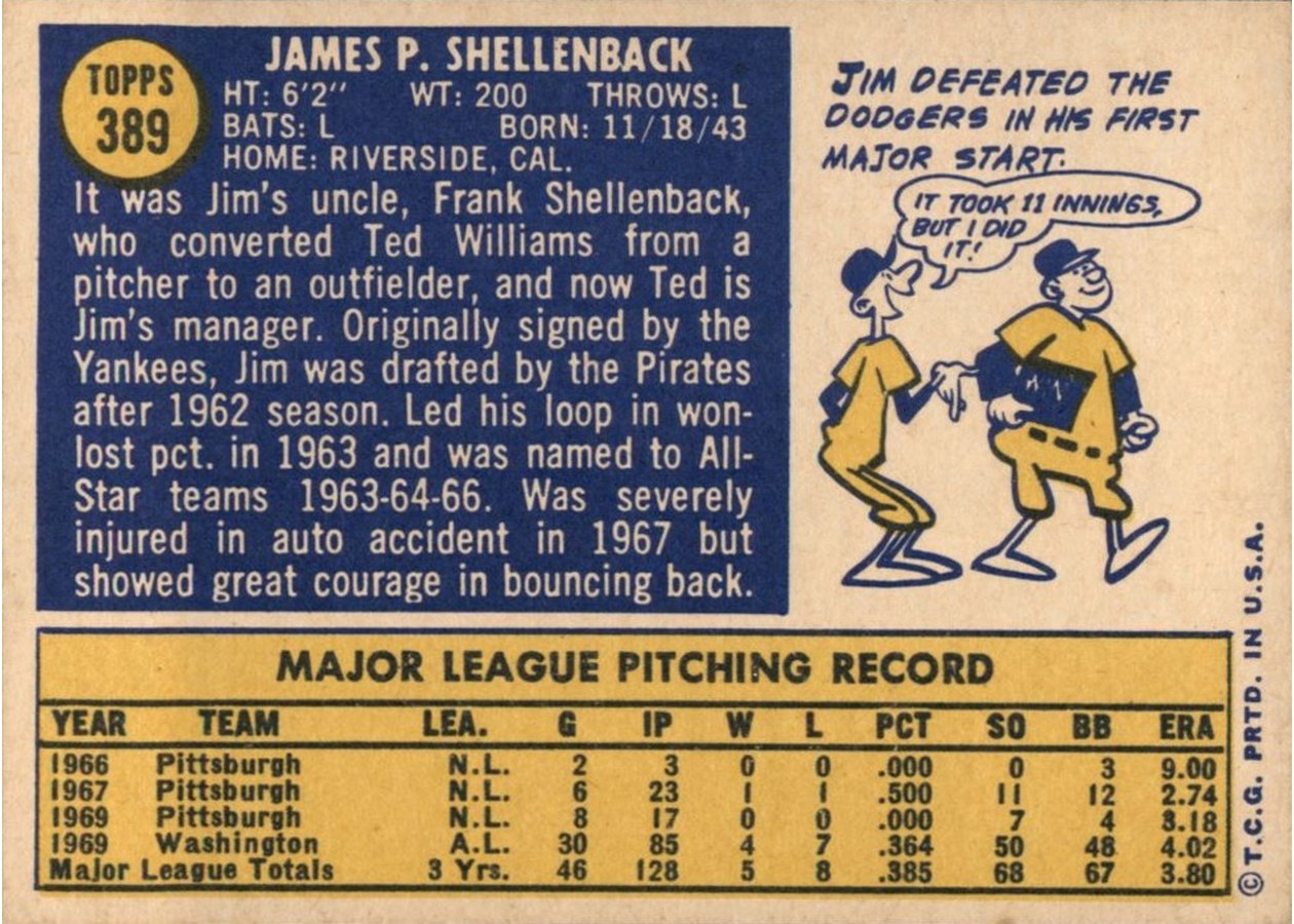 1970 Topps #389 Jim Shellenback card back