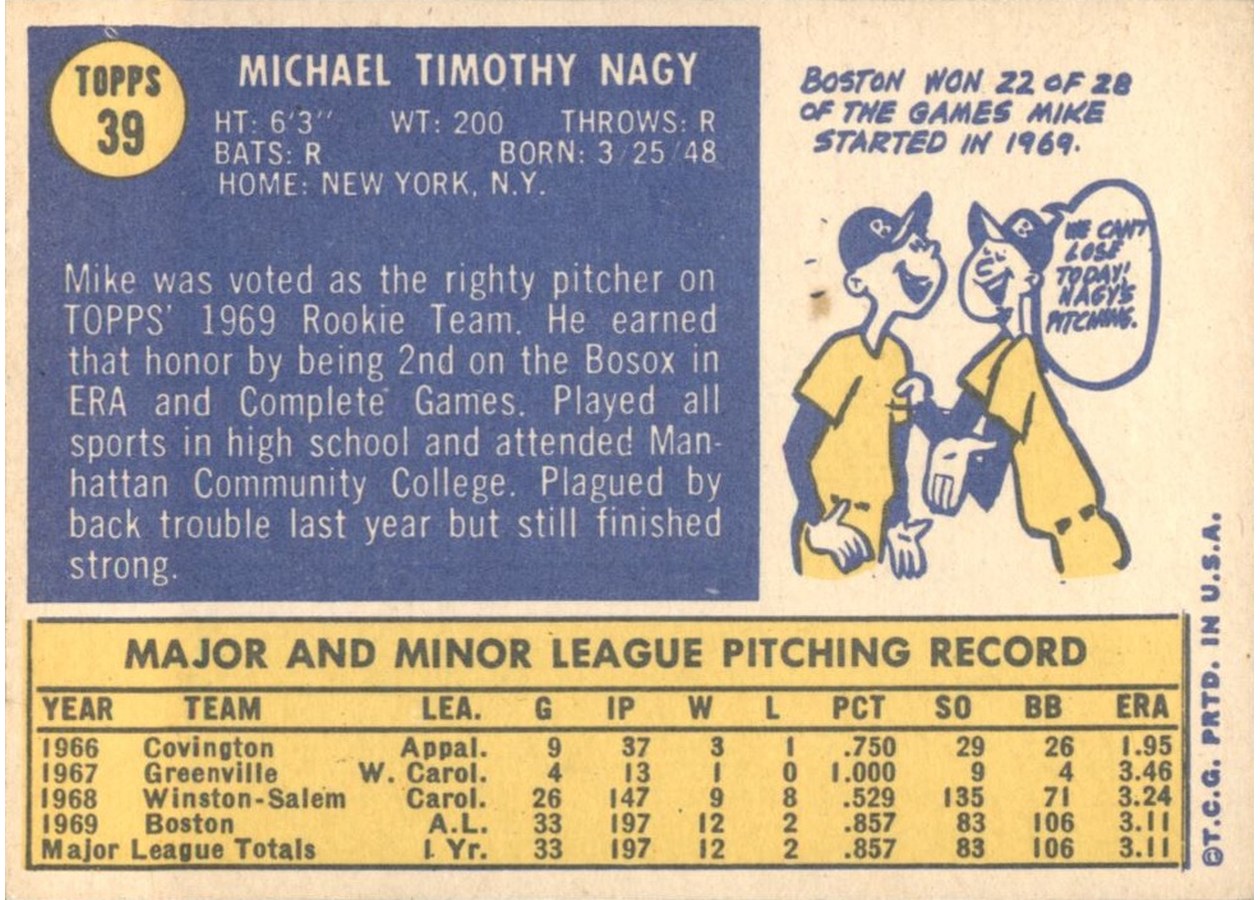 1970 Topps #39 Mike Nagy card back