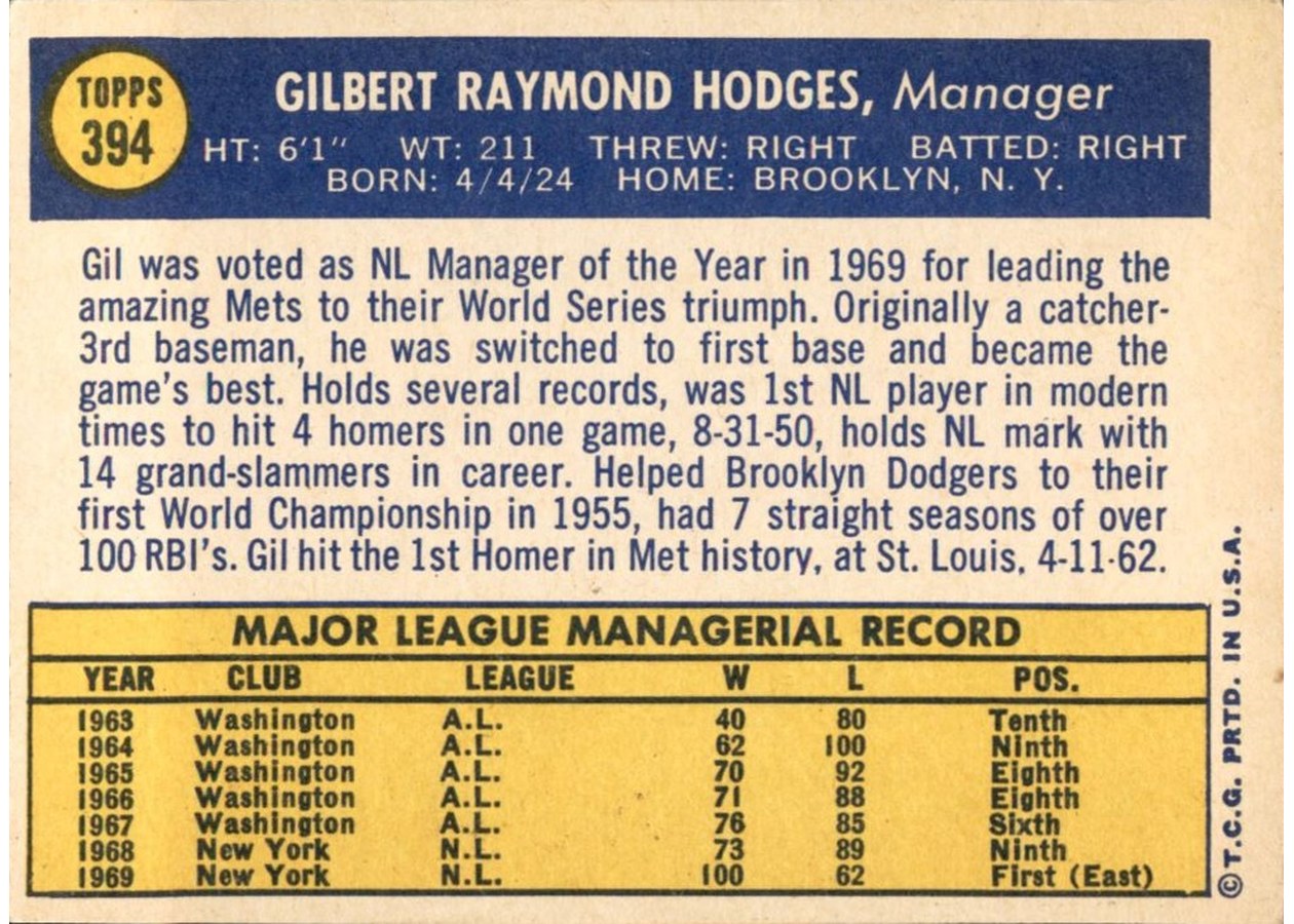 1970 Topps #394 Gil Hodges card back