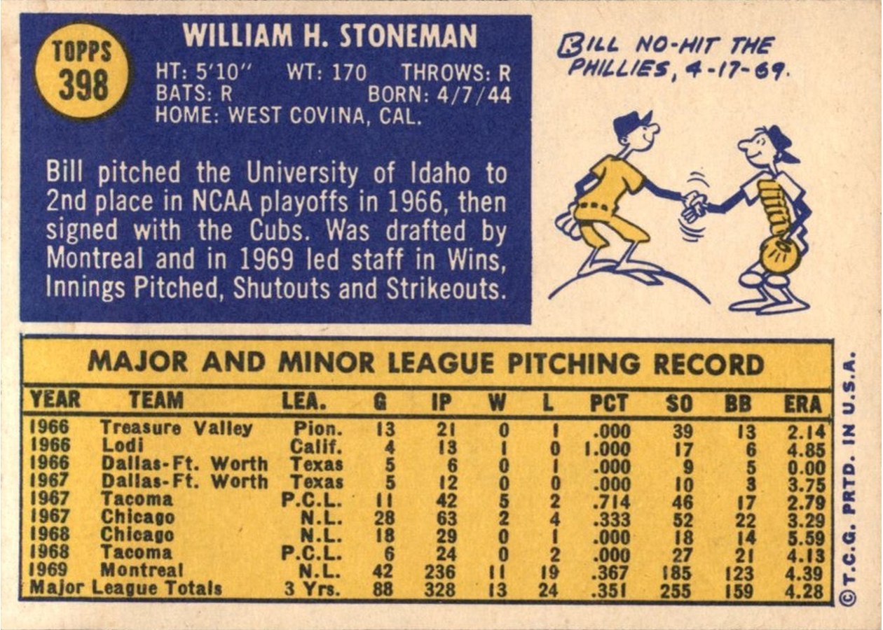 1970 Topps #398 Bill Stoneman card back
