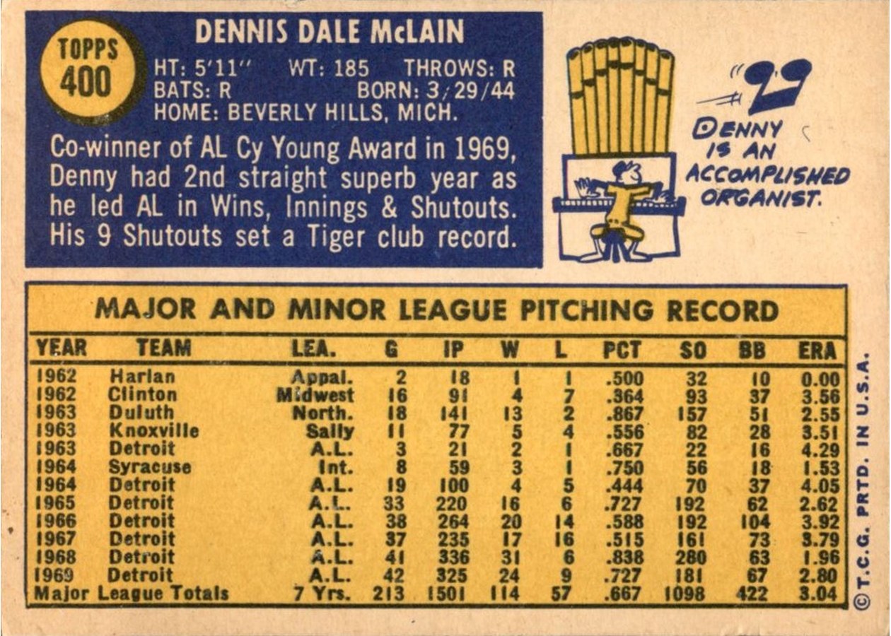 1970 Topps #400 Denny McLain card back