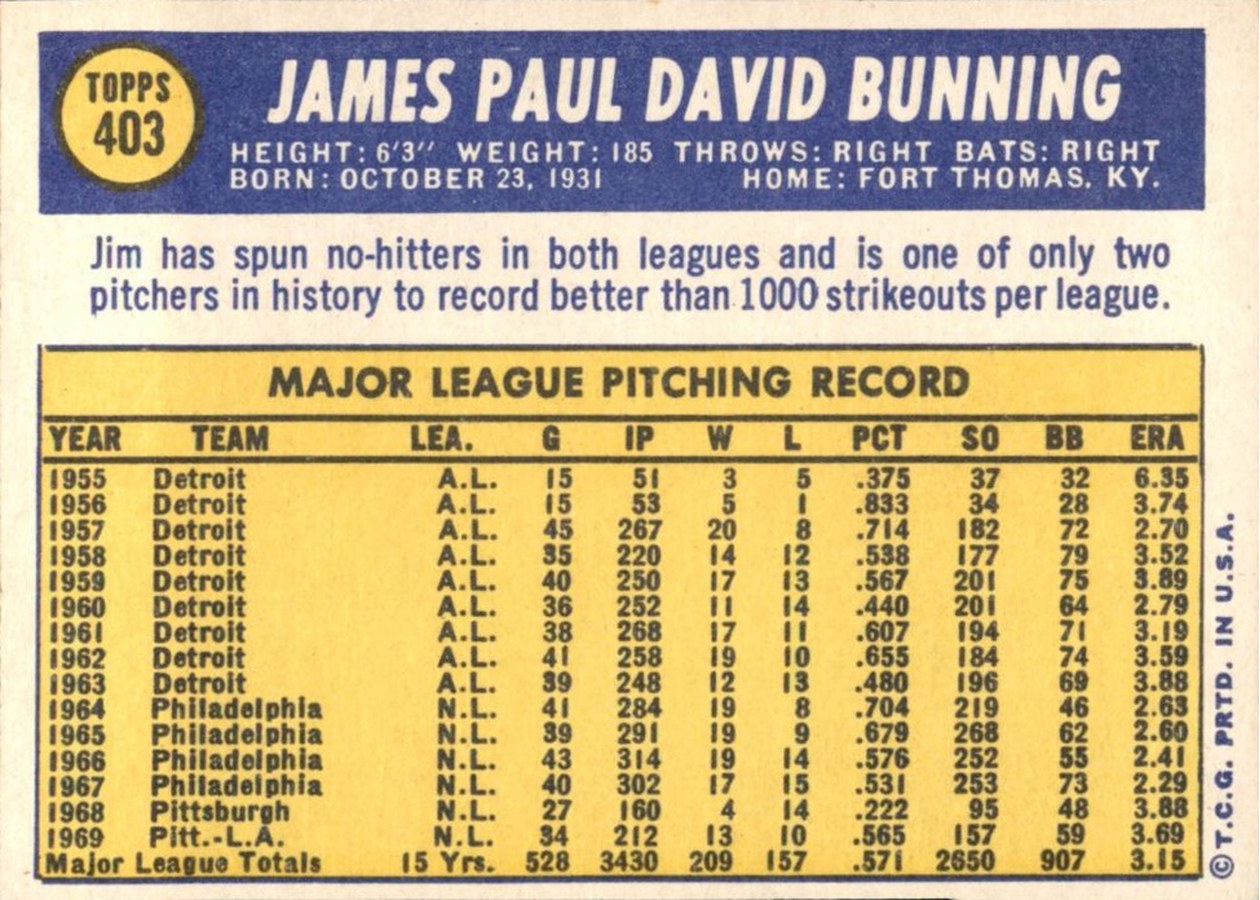 1970 Topps #403 Jim Bunning card back